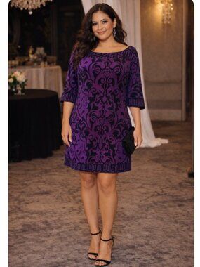 Vintage Candie's Purple Brocade Shift Dress Cocktail Wedding Guest Size L